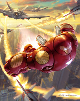 1boy aircraft airplane arc_reactor armor blue_sky city cloud commentary english_commentary fighter_jet flying glowing highres hulkbuster iron_man iron_man_(series) male_focus marvel military_vehicle missile motion_blur multicolored_armor official_art power_armor red_armor signature sky solo_focus yellow_armor yoon_junggeun