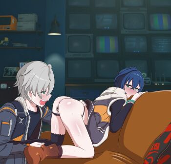 1boy 1girl absurdres anal ass belle_(zenless_zone_zero) black_jacket black_panties black_shirt black_thighhighs blue_hair blue_jacket blush bottomless brother_and_sister censored commentary computer couch crossed_bangs cucoo cunnilingus drooling english_commentary green_eyes grey_hair hetero highres hood hooded_jacket incest jacket monitor on_couch open_mouth oral orange_socks panties pillow pussy pussy_juice saliva saliva_trail shirt siblings single_thighhigh socks thighhighs underwear wise_(zenless_zone_zero) zenless_zone_zero