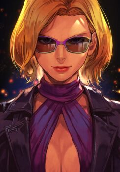 1girl black_jacket blonde_hair breasts center_opening cleavage dress halter_dress halterneck hungry_clicker jacket large_breasts leather leather_jacket lipstick makeup namco nina_williams no_bra portrait purple-framed_eyewear purple_dress red_lips short_hair solo sunglasses tekken tekken_2 tekken_3 tekken_4 tekken_5 tekken_5_(dark_resurrection) tekken_7 tekken_8 tekken_blood_vengeance tekken_bloodline tekken_tag_tournament tekken_tag_tournament_2