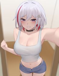 Rule 34 | 1girl, absurdres, armpits, black panties, blurry, blurry background, breasts, cleavage, exy exii, feet out of frame, hair between eyes, hand out of frame, highres, honkai: star rail, honkai (series), indoors, large breasts, light blush, looking at viewer, multicolored hair, navel, outstretched arm, panties, purple eyes, red hair, short shorts, shorts, smile, solo, stomach, streaked hair, tank top, teeth, topaz (honkai: star rail), two-tone hair, underwear, white hair, white tank top
