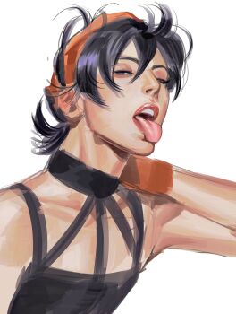 1boy arm_behind_head black_hair half-closed_eyes headband highres jojo_no_kimyou_na_bouken lips looking_at_viewer male_focus narancia_ghirga nose red_lips short_hair solo teeth tinh_daubuoi tongue tongue_out upper_body vento_aureo