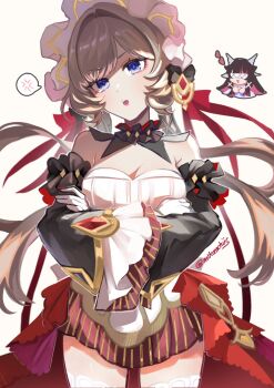 2girls anger_vein arms_under_breasts bare_shoulders black_collar black_hair black_sleeves blue_eyes bonnet breasts brown_hair chibi cleavage collar columbina_(genshin_impact) commentary cowboy_shot detached_collar detached_sleeves dress english_commentary eye_mask frilled_collar frilled_sleeves frills genshin_impact gloves hair_ornament head_wings headdress heart highres large_breasts long_hair long_sidelocks long_sleeves mask mikanchii multiple_girls open_mouth red_dress sandrone_(genshin_impact) short_hair_with_long_locks sidelocks spoken_anger_vein striped_clothes striped_dress thighhighs white_background white_dress white_gloves white_headdress white_thighhighs wide_sleeves wings
