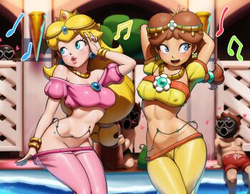 2girls alternate_costume arabian_clothes arms_behind_head arms_up belly_chain belly_dancing blonde_hair blue_eyes breasts brooch brown_hair circlet clothes_pull covered_erect_nipples crown dancing flower_brooch jewelry long_hair luigi mario mario_(series) mario_kart mario_kart_world mask medium_breasts medium_hair mini_crown multiple_girls navel_piercing nintendo official_alternate_costume pants pants_pull piercing princess_daisy princess_daisy_(oasis) princess_peach revtilian shy_guy strip_tease