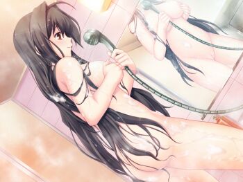1girl ahoge ass bath bathroom black_hair blush breasts brown_eyes dutch_angle game_cg grabbing_own_breast hair_intakes indoors large_breasts large_variant_set long_hair maishima_yuri mirror nerawareta_megami_tenshi_angel_tear nipples non-web_source nude official_art pussy reflection shower_head showering smile solo standing steam tile_wall tiles tsukumo_kazuita variant_set very_long_hair water wet