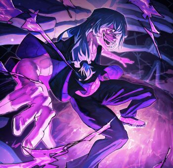 1boy absurdres black_pants blue_hair crazy_smile cursed_energy_(jujutsu_kaisen) cursed_spirit_(jujutsu_kaisen) grey_hair grid_print hair_between_eyes highres jujutsu_kaisen long_hair mahito_(jujutsu_kaisen) male_focus multiple_hands open_mouth pants patchwork_skin purple_theme shirt smile solo sonic1nstinct stitched_arm stitched_face stitched_hand stitched_neck stitches teeth torn_sleeve