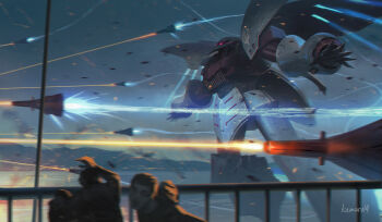 2others artist_name blurry blurry_background blurry_foreground commentary debris firing flying funnels_(gundam) glowing glowing_eyes gundam gundam_zz highres icemarv14 mecha mecha_focus mobile_suit mountainous_horizon multiple_others one-eyed outdoors outstretched_arms purple_eyes qubeley robot science_fiction spread_arms twilight zeon