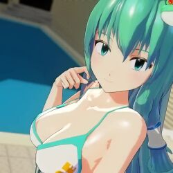 1girl 3d animated bikini_pull breasts cleavage closed_mouth clothes_pull frog_hair_ornament green_eyes green_hair hair_ornament indoors jiggle kochiya_sanae large_breasts long_hair looking_at_viewer matching_hair/eyes mofumoko5 pool seductive_smile smile solo tagme teasing touhou upper_body video water