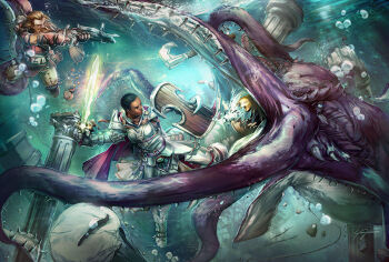 1boy 1girl aiming air_bubble bad_tag bag battle beak beard bow_(weapon) bubble coin colored_skin commentary crossbow dark-skinned_female dark_skin devilfish dwarf english_commentary facial_hair fantasy gold_coin helmet holding holding_shield holding_sword holding_weapon kevin_yan medium_hair monster pathfinder pillar purple_skin shield short_hair spikes squid sword tentacles underwater weapon