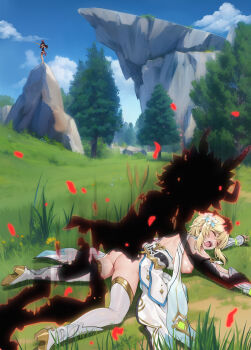 1boy 2girls amber_(genshin_impact) ass black_skin blonde_hair bow_(weapon) breasts colored_skin commentary cyclone_(reizei) death defeat dress flower genshin_impact hair_flower hair_ornament hetero highres hilichurl_(genshin_impact) holding holding_bow_(weapon) holding_weapon interspecies large_breasts lumine_(genshin_impact) multiple_girls nipples on_ground open_mouth outdoors pinned prone_bone rape restrained rock scarf sex_from_behind short_hair_with_long_locks sideboob symbol-only_commentary thighhighs torn_clothes torn_dress weapon white_dress white_footwear white_scarf white_thighhighs