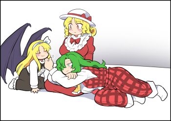 3girls ascot black_bow black_skirt blonde_hair bow capelet closed_eyes dress elly_(touhou) green_eyes green_hair hair_over_one_eye hairband half-closed_eyes hat hat_ribbon kazami_yuuka kazami_yuuka_(pc-98) kurumi_(touhou) long_hair long_sleeves lying multiple_girls on_lap pants plaid_clothes plaid_pants plaid_vest purple_wings red_bow red_dress red_ribbon red_vest ribbon sekaihebi shirt skirt socks touhou touhou_(pc-98) vest white_capelet white_hairband white_hat white_shirt white_socks wings yellow_ascot yellow_eyes