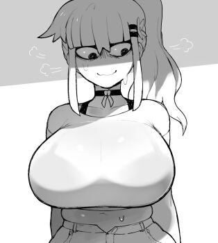 1girl @_@ black_bra black_choker bra bra_visible_through_clothes breasts choker collarbone dizzyspells flower hair_between_eyes hair_flower hair_ornament hair_rings highres huge_breasts monochrome navel nervous original plump reverie_(dizzyspells) see-through_clothes see-through_shirt shaded_face shirt side_ponytail sidelocks solo steam sweat underwear wavy_mouth white_shirt