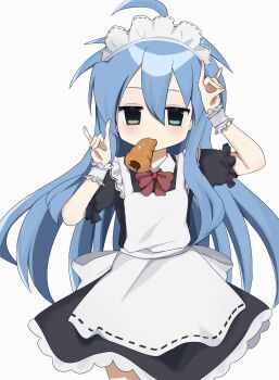 1girl ahoge apron blue_hair chocolate_cornet cowboy_shot dress food food_in_mouth fox_shadow_puppet frilled_dress frills green_eyes highres izumi_konata long_hair lucky_star maid maid_apron maid_headdress mole mole_under_eye solo uuuuua07 white_apron