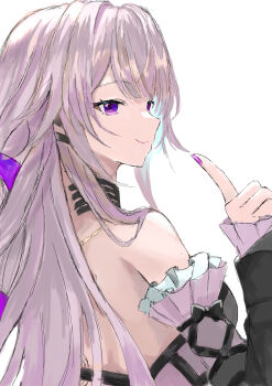 1girl backless_dress backless_outfit bare_shoulders black_choker choker commentary_request detached_sleeves dress grey_hair hand_up herta_(honkai:_star_rail) highres honkai:_star_rail honkai_(series) long_hair looking_at_viewer nail_polish no_headwear partial_commentary purple_eyes purple_nails simple_background smile solo the_herta_(honkai:_star_rail) upper_body very_long_hair white_background yukikagi0112