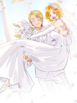 1boy 1girl blue_eyes bouquet bridal_gauntlets bridal_veil bride carrying commentary dress flower groom holding holding_bouquet koala_(one_piece) looking_at_viewer one_piece orange_hair petals princess_carry raine_(acke2445) sabo_(one_piece) strapless strapless_dress symbol-only_commentary veil wedding_dress