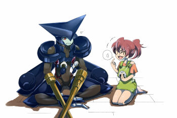 Rule 34 | 1boy, 1girl, ^ ^, absurdres, apron, asagi marin, brigadoon, bright pupils, brown hair, chewing, closed eyes, food, food on face, glasses, green apron, highres, holding, holding food, humanoid robot, indian style, kneeling, melan blue, onigiri, open mouth, orange shirt, pekachukirby, ponytail, red eyes, robot, shirt, sitting, socks, speech bubble, white background, white pupils, white socks