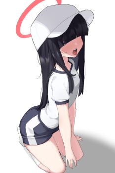 1girl arm_support baseball_cap between_legs black_hair blue_archive blue_shorts blunt_bangs blunt_ends covered_eyes facing_viewer full_body gym_shirt gym_uniform hair_over_eyes halo hand_between_legs hat justice_task_force_member_(blue_archive) kneehighs long_hair messy_hair nago_purin official_alternate_costume on_ground open_mouth seiza shadow shirt short_shorts shorts sitting socks solo sweat tongue tongue_out white_background white_hat white_shirt white_socks