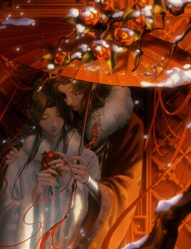 2boys absurdly_long_hair absurdres animal_print architecture beads bishounen bracelet brown_hair butterfly_print camellia chinese_clothes closed_eyes closed_mouth couple crystal_earrings curtained_hair day earrings east_asian_architecture eyelashes eyepatch floating_hair floral_print floral_print_hanfu flower fur-trimmed_hanfu fur-trimmed_sleeves fur_trim gate hair_bun half-closed_eyes hand_on_another&#039;s_shoulder hands_up hanfu head_down heads_together height_difference highres holding holding_flower holding_umbrella hua_cheng hug hug_from_behind jewelry leaf light_smile limited_palette long_eyelashes long_hair long_sidelocks looking_down male_focus motion_blur multiple_boys necklace nuzzle oil-paper_umbrella outdoors parted_bangs parted_lips print_umbrella puffy_lips red_flower red_hanfu red_theme red_umbrella shade sidelighting sidelocks silver_bracelet silver_necklace silver_trim single_hair_bun snow snowing standing straight_hair string string_around_finger string_of_fate sunlight tassel tianguan_cifu tree umbrella under_umbrella upper_body very_long_hair warm_colored white_hanfu white_theme winter winter_clothes xie_lian yaoi yuumeenoo0222