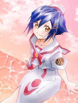 Rule 34 | 1girl, aika granzchesta, akira (tete-akira), aria (manga), artist name, blue hair, blush, bow, bowtie, brown eyes, closed mouth, collarbone, commentary request, dress, fingerless gloves, gloves, hair between eyes, hair ornament, hat, highres, himeya company uniform, looking at viewer, pink background, red bow, red bowtie, red gloves, sailor collar, short hair, short sleeves, side slit, single glove, sitting, smile, solo, twitter username, white dress, white hat, white sailor collar