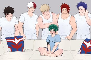 Rule 34 | 6+boys, bakugou katsuki, bare arms, bare legs, bare shoulders, barefoot, black hair, blonde hair, blue eyes, blue hair, blue shirt, blue shorts, blush, boku no hero academia, burn scar, collarbone, couch, crossed arms, curly hair, feet, freckles, green eyes, green hair, grin, hand on own neck, harem, heterochromia, highres, kirishima eijirou, legs, looking at another, male, male focus, male harem, messy hair, midoriya izuku, multicolored hair, multiple boys, muscular, muscular male, on couch, open mouth, pants, pectorals, pillow, purple hair, red eyes, red hair, rinriemie, scar, scar on arm, scar on face, shirt, short hair, short sleeves, shorts, shounen jump, sitting, smile, spiked hair, split-color hair, standing, t-shirt, tank top, teeth, todoroki shoto, toes, two-tone hair, white hair, white pants, white shirt, white shorts, white tank top, yaoi