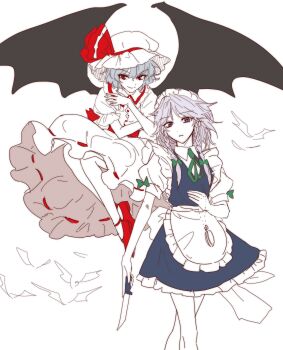 2girls apron bat_wings braid breasts commentary_request hat highres izayoi_sakuya korean_commentary looking_at_viewer medium_breasts mob_cap multiple_girls remilia_scarlet short_sleeves touhou twin_braids waist_apron white_apron white_background wings yuggug