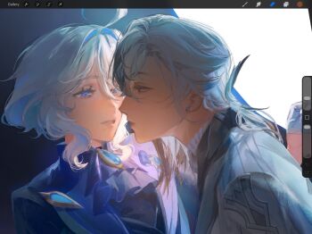 2girls arlecchino_(genshin_impact) art_program_in_frame ascot black_streaks blue_ascot blue_eyes blue_gem blue_jacket closed_mouth commentary cowlick earrings english_commentary face-to-face furina_(genshin_impact) gem genshin_impact gloves grey_jacket hair_between_eyes hair_intakes half_gloves highres jacket jewelry keibleh lapel_pin lapels looking_at_another multicolored_hair multiple_girls no_headwear parted_lips portrait profile red_eyes screencap short_hair streaked_hair stud_earrings white_gloves white_hair yuri