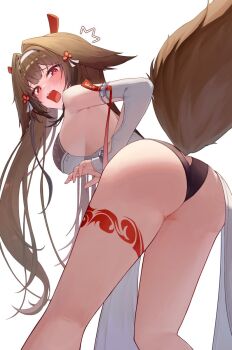 1girl animal_ears armlet ass ass_focus breasts brown_hair china_dress chinese_clothes clover_hair_ornament commentary dress droopy_ears embarrassed hair_ornament headband horse_ears horse_girl horse_tail hyujjo jewelry leg_tattoo medium_breasts panties red_eyes red_ribbon ribbon sleeveless tail tattoo underwear white_background ye_shunguang zenless_zone_zero