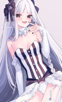 1388chan 1girl bare_shoulders black_bow blush bow braid breasts cleavage collar colored_inner_hair commentary_request detached_sleeves dress fate/strange_fake fate_(series) francesca_prelati_(fate) frilled_collar frills garter_straps grey_eyes grey_hair hair_bow highres long_hair looking_at_viewer medium_breasts multicolored_hair open_mouth panties parted_bangs ringed_eyes sidelocks smile solo striped_clothes striped_dress thighhighs thighs underwear very_long_hair white_dress white_hair white_panties white_thighhighs