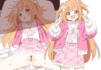 1girl :d absurdres after_vaginal aftersex bar_censor bed_sheet before_and_after belt bow bowtie censored commentary cum cum_in_pussy cum_pool cumdrip dot_nose double_v dowel_(cyva4545) drawstring drooling egg_hair_ornament food-themed_hair_ornament fork_hair_ornament gem hair_ornament hair_ribbon highres hood hooded_jacket jacket kirara_tamako kirara_tamako_(2nd_costume) loli long_hair long_sleeves looking_at_viewer lying multiple_views nijisanji no_panties on_back on_bed open_clothes open_jacket open_mouth orange_eyes orange_hair pillow pink_belt pink_bow pink_bowtie pink_jacket pink_skirt plaid_clothes plaid_skirt pussy ribbon sailor_collar shirt skirt smile spread_legs striped_bow striped_bowtie striped_clothes sweat tearing_up two_side_up v virtual_youtuber white_sailor_collar white_shirt yellow_gem