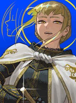 Rule 34 | 1girl, absurdres, armor, armor under clothes, atoroux, blonde hair, blue background, braid, commentary, crown braid, elden ring, elden ring: shadow of the erdtree, english commentary, floating hair, full armor, gauntlets, glint, gold trim, halo, halo behind head, helm, helmet, highres, knight, lips, looking at viewer, needle knight leda, open mouth, ornate, ornate armor, sheath, short hair, sidelocks, silhouette, solo, sword, teeth, tunic, unsheathing, upper body, upper teeth only, weapon, white tunic