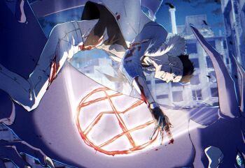 Rule 34 | 1boy, blood, blood on clothes, blood on face, blood on hands, blue eyes, brown hair, bruno bangnyfe, building, burn the witch, commentary request, cuts, dragon, fur-trimmed jacket, fur trim, grin, injury, jacket, lido an0, magic, male focus, pants, riding dragon, shirt, smile, torn clothes, torn pants, torn shirt, undercut, white jacket