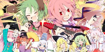 Rule 34 | +++, 6+girls, animal ears, arm up, bangle, bird ears, bird wings, black bow, black hat, blonde hair, blue eyes, blue hat, blush, bow, bowtie, bracelet, braid, brown dress, buttons, closed eyes, collared shirt, commentary, curiosities of lotus asia, diamond button, dog ears, dress, drill hair, earrings, english commentary, expressionless, eyeball, eyewear on head, fang, folding fan, frilled shirt collar, frilled sleeves, frills, fujiwara no mokou, game cg, green hair, grey hair, guitar, hair bow, hand fan, hat, hat bow, hat ribbon, hata no kokoro, heart, heart of string, highres, holding, holding fan, holding guitar, holding instrument, holding microphone, holding plectrum, hyottoko mask, instrument, japanese clothes, jewelry, kariginu, kasodani kyouko, kirisame marisa, komeiji koishi, long hair, long sleeves, mask, mask on head, matsushita yuu, microphone, mononobe no futo, multiple girls, music, mystia lorelei, official alternate costume, official art, open mouth, orange hair, pants, pink eyes, pink hair, plaid clothes, plaid shirt, plectrum, purple bow, purple bowtie, red pants, ribbon, round eyewear, shirt, side braid, singing, single braid, smile, speaker, suspenders, sweat, tate eboshi, third-party source, third eye, top hat, touhou, touhou lostword, twin drills, very long hair, white bow, white shirt, wide sleeves, wings, witch hat, wrist cuffs, yellow ribbon, yellow shirt, yorigami jo'on