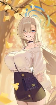 1girl absurdres arms_behind_back asuna_(blue_archive) bare_shoulders black_skirt blonde_hair blue_archive blue_eyes blue_halo blush breasts choker grin hair_over_one_eye halo highres holding_own_arm large_breasts leaf long_hair looking_at_viewer off-shoulder_sweater off_shoulder ojisan_kamo_shiremasen skirt smile solo sweater very_long_hair white_sweater