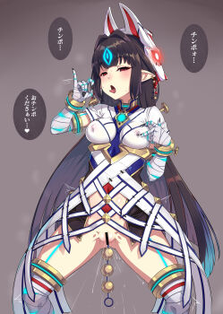 1girl absurdres anal_beads bar_censor breasts brown_background brown_hair censored covered_erect_nipples fellatio glowing glowing_eyes gozaru highres kasandra_(xenoblade) long_hair looking_at_viewer mask medium_breasts open_mouth oral pointy_ears pussy pussy_juice red_eyes sex_toy solo squatting tongue tongue_out very_long_hair xenoblade_chronicles_(series) xenoblade_chronicles_2
