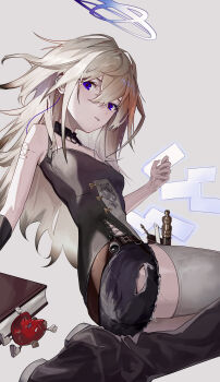 1girl absurdres angel aoi_wakashi_chiyo arknights black_boots black_shirt black_shorts black_thighhighs boots breasts detached_wings grey_background grey_hair halo highres long_hair looking_at_viewer parted_lips purple_eyes shirt short_shorts shorts simple_background small_breasts solo thighhighs vannini_(arknights) very_long_hair wings