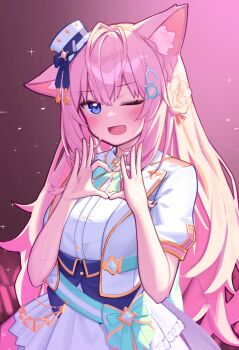 1girl ;d absurdres animal_ears blue_eyes commentary_request deaver four-finger_heart_hands fox_ears fox_girl gradient_background hakui_koyori hat heart heart_hand heart_hands highres hololive idol idol_clothes mini_hat one_eye_closed open_mouth pink_background short_sleeves smile solo virtual_youtuber white_hat