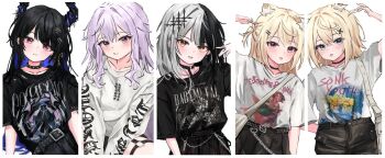 Rule 34 | 5girls, absurdres, akarinnndesu, animal ear fluff, animal ears, asymmetrical horns, babymetal, belt, black belt, black choker, black hair, black pants, black shirt, black skirt, blue hair, choker, colored inner hair, demon horns, dog ears, dog girl, fuwawa abyssgard, hair ornament, hairpin, highres, holoadvent, hololive, hololive english, hood, hoodie, horns, koseki bijou, merchandise, mococo abyssgard, multicolored hair, multiple girls, nerissa ravencroft, pants, pink eyes, pink hair, polyphia (band), purple eyes, red eyes, shiori novella, shirt, siblings, sisters, skirt, smashing pumpkins, smile, sonic youth, spiked choker, spikes, streaked hair, twins, two side up, virtual youtuber, white hair, white hoodie, x hair ornament, yellow eyes