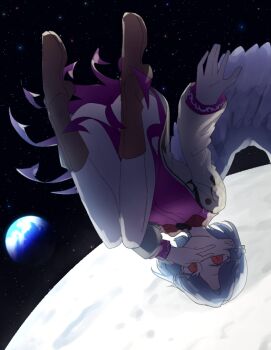 1girl boots brown_boots closed_mouth commentary_request convenient_censoring dress earth_(planet) expressionless floating_hair hand_to_own_mouth jacket kahayu4 kishin_sagume legs long_sleeves looking_at_viewer medium_hair moon no_panties open_clothes open_jacket planet purple_dress red_eyes single_wing solo space touhou upside-down white_hair white_wings wings