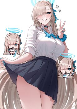 Rule 34 | 1girl, absurdres, asuna (blue archive), asuna (school uniform) (blue archive), black choker, black skirt, blonde hair, blue archive, blue bow, blue bowtie, blue eyes, blue halo, blue nails, blue ribbon, blush, bow, bowtie, breasts, choker, collared shirt, commentary, dress shirt, fingernails, grin, hair over one eye, hair ribbon, halo, hand up, highres, large breasts, long hair, looking at viewer, nail polish, official alternate costume, pleated skirt, ribbon, school uniform, shirt, simple background, skirt, smile, v, very long hair, wanne, white background, white shirt