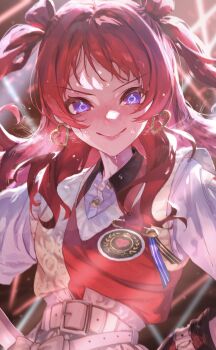 Rule 34 | 1girl, belt, blue eyes, blush, bow, breasts, brown hair, brown sweater vest, closed mouth, dot nose, double bun, dress bow, earrings, floating hair, gakuen idolmaster, glowstick, hair bun, hajime (idolmaster), hanami saki, hands on own hips, heart, heart earrings, highres, idolmaster, jewelry, laser, long hair, looking at viewer, makitoshi0316, medium breasts, red sweater vest, shirt, short sleeves, smile, solo, stage lights, sweat, sweater vest, two-tone sweater vest, two side up, upper body, v-shaped eyebrows, white belt, white bow, white shirt