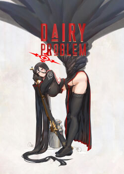 1girl absurdres black_gloves black_hair black_shirt black_shoes black_skirt black_thighhighs black_wings blue_archive blush bolt_action breasts feathered_wings garter_straps gloves groin gun hair_between_eyes halo hasumi_(blue_archive) highres holding_gun_barrel large_breasts leaning_forward long_hair long_hair_between_eyes long_skirt looking_at_viewer low_wings m1917_enfield milk milking_machine mole mole_under_eye open_clothes open_skirt parted_lips red_eyes red_halo rifle sailor_collar shirt shoes skirt solo thighhighs thighs title trinity_general_school_logo very_long_hair weapon white_sailor_collar wings ye_fan