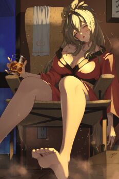 Rule 34 | 1girl, alternate costume, azur lane, barefoot, breasts, brown hair, cleavage, commentary request, cup, electrical outlet, highres, holding, holding cup, indoors, japanese clothes, kimono, large breasts, lion (azur lane), long hair, long sleeves, red eyes, red kimono, ropi (yyuichi29), signature, sitting, solo, tongue, tongue out