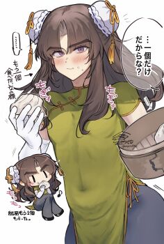 ... 1boy absurdres arrow_(symbol) ayase_ayato_(imamiya_pinoko) black_pants blush brown_hair bun_cover chibi china_dress chinese_clothes closed_mouth commentary_request covered_navel crossdressing crossdressing_(mtf) dress eighth_note elbow_gloves gloves green_dress highres imamiya_pinoko long_hair looking_at_viewer male_focus musical_note original pants parted_bangs purple_eyes simple_background solo speech_bubble spoken_ellipsis thick_eyebrows white_background white_gloves