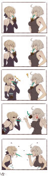 2girls 5koma ? absurdres ahoge anger_vein artoria_pendragon_(fate) bad_id bad_pixiv_id bare_shoulders black_gloves blush braid breast_envy breasts bubble_tea bubble_tea_challenge bun_with_braided_base club3 comic cup disposable_cup dress drinking drinking_straw elbow_gloves fate/grand_order fate_(series) gloves hair_bun halterneck highres jeanne_d'arc_(fate) jeanne_d'arc_alter_(avenger)_(fate) jeanne_d'arc_alter_(fate) large_breasts light_brown_hair mouth_hold multiple_girls object_on_breast open_mouth saber_alter saber_alter_(final_ascension) silent_comic silver_hair single_hair_bun sleeveless sleeveless_dress small_breasts smug white_background yellow_eyes