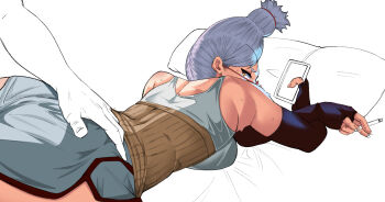 1girl ass ayase_seiko back bare_shoulders bed beehive_hairdo bent_over breasts brown_eyes cigarette clauschristmas dandadan dolphin_shorts elbow_gloves female_focus from_behind glasses gloves grabbing_another&#039;s_ass grey_hair groping haramaki highres huge_ass large_breasts long_hair looking_at_viewer looking_back male_hand nipples phone pillow short_shorts shorts sleeveless sweat tank_top white_background