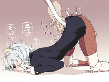 1boy 1girl all_fours animal_ears asutora bike_shorts black_jacket blush brown_background cat_ears cat_girl cat_tail commentary_request gradient_background grey_hair hetero hunter_x_hunter jacket long_sleeves motion_lines neferpitou red_eyes red_shorts short_hair shorts solo_focus tail uncommon_stimulation