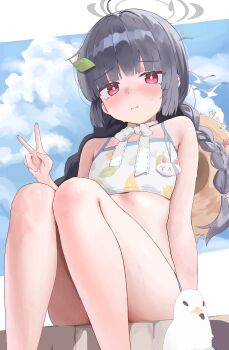 1girl absurdres ahoge bikini biteryoo black_hair blue_archive blush braid halo hat highres leaf leaf_on_head leaf_print loli long_hair looking_at_viewer miyu_(blue_archive) miyu_(swimsuit)_(blue_archive) navel official_alternate_costume print_bikini red_eyes solo straw_hat swimsuit twin_braids white_bikini