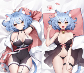 1girl 2022 bada_neko black_panties blue_hair breasts cleavage dakimakura_(medium) garters indie_virtual_youtuber kaiourachu large_breasts lying neck_bell on_back panties pink_pillow trantez underwear yellow_eyes