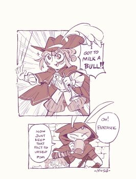 1boy 2girls brick_wall cape closed_eyes cup dungeon_meshi hat_feather hood instrument jax_(the_amazing_digital_circus) medium_hair mesoutk1 monochrome mug multiple_girls pomni_(the_amazing_digital_circus) rabbit_boy ragatha_(the_amazing_digital_circus) scene_reference smile the_amazing_digital_circus trumpet