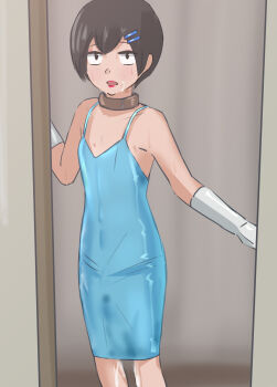 1boy bare_shoulders black_hair blue_dress collar crossdressing cum doorway dress gloves hair_ornament hairclip lipstick looking_at_viewer makeup male_focus open_mouth raitaroo sanpaku short_hair shota solo standing sweat trap white_gloves