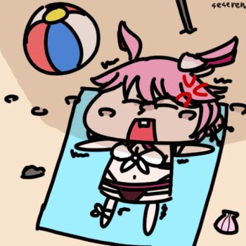 >_< 1girl anger_vein animated animated_gif ball beach beach_umbrella beachball bikini breasts cleavage footprints lowres lying navel open_mouth seashell seseren shell swimsuit umbrella yae_sakura yae_sakura_(summer_dream)